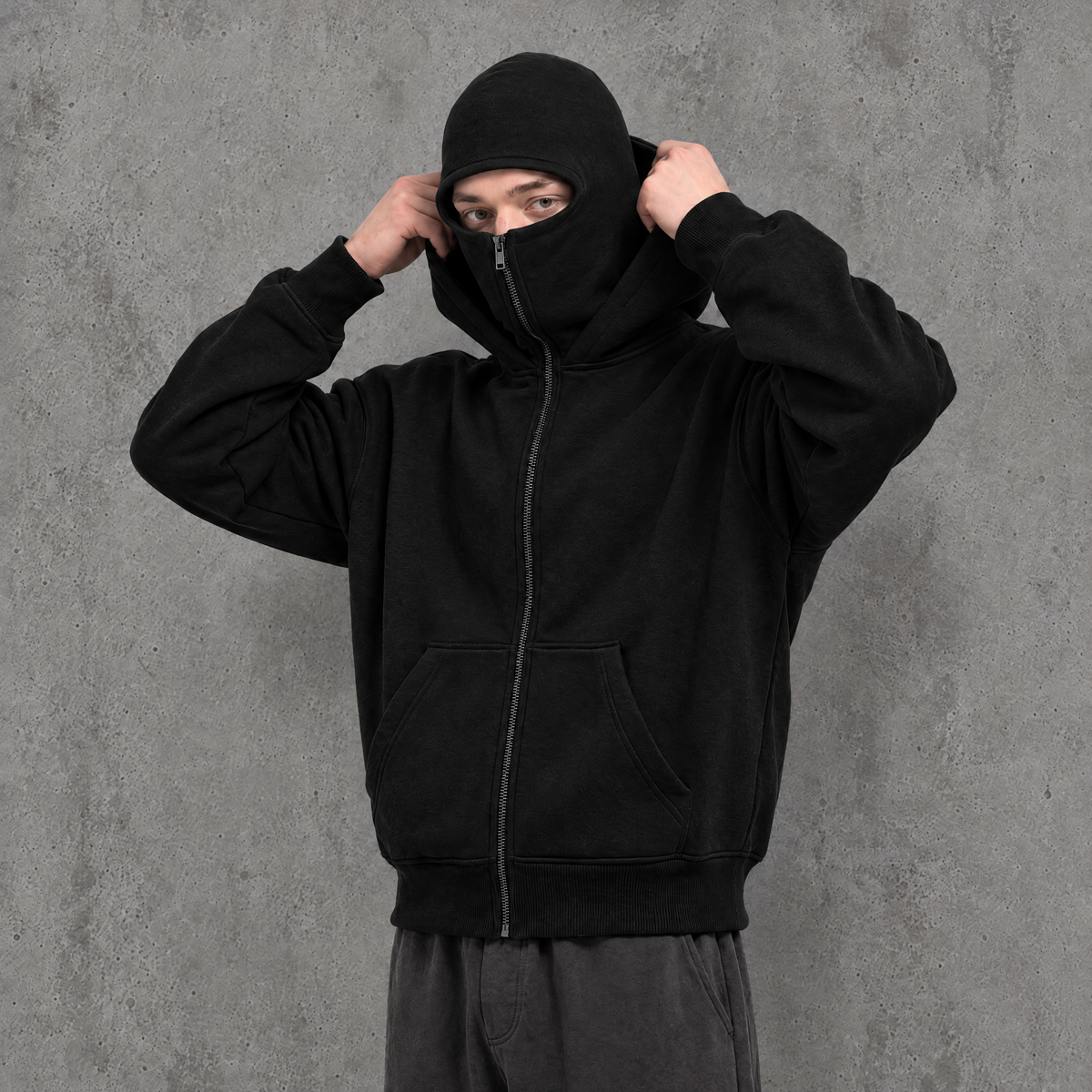 Double-layer hooded zip-up sweatshirt