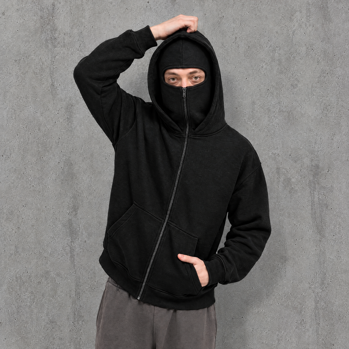 Double-layer hooded zip-up sweatshirt